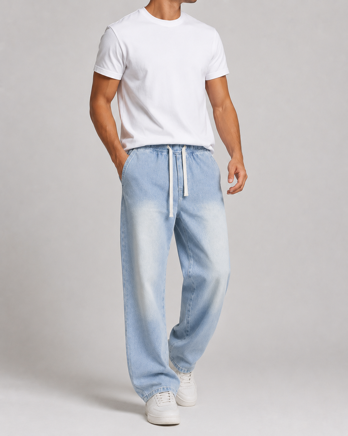 Driftway - Loose Straight Leg Drawstring Jeans  Everyday Casual Wear