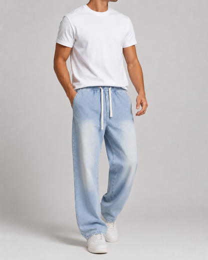 Driftway - Loose Straight Leg Drawstring Jeans  Everyday Casual Wear