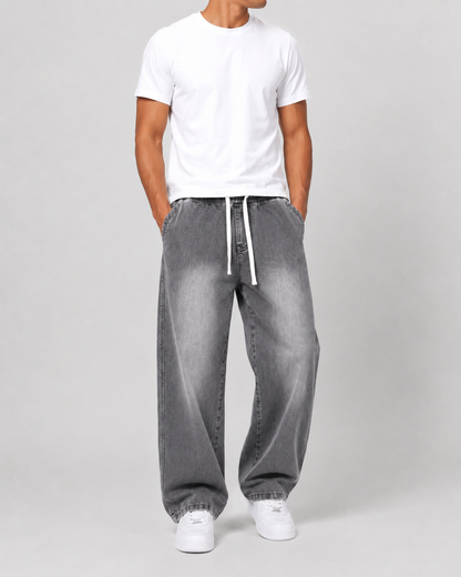 Driftway - Loose Straight Leg Drawstring Jeans  Everyday Casual Wear