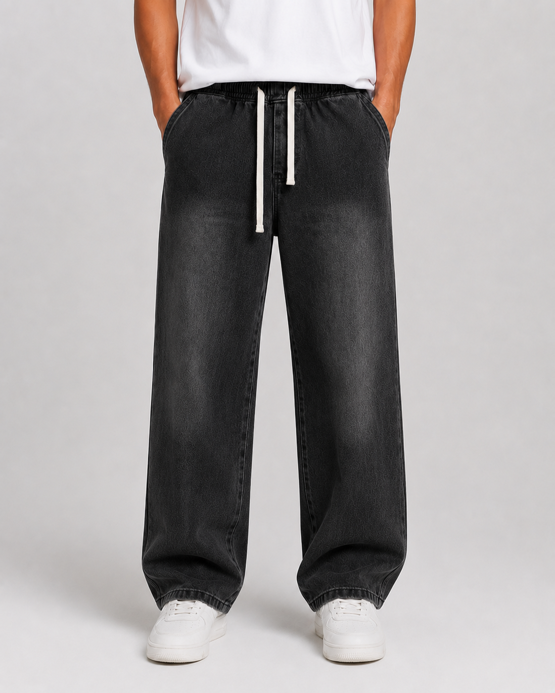 Driftway - Loose Straight Leg Drawstring Jeans  Everyday Casual Wear