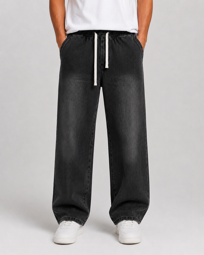 Driftway - Loose Straight Leg Drawstring Jeans  Everyday Casual Wear