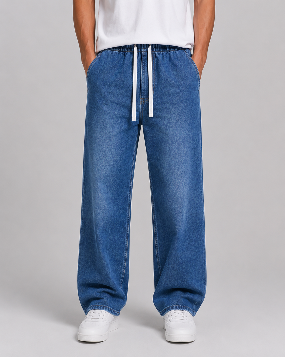 Driftway - Loose Straight Leg Drawstring Jeans  Everyday Casual Wear