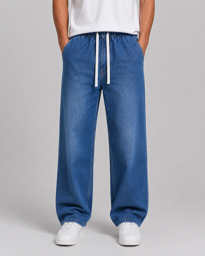 Driftway - Loose Straight Leg Drawstring Jeans  Everyday Casual Wear