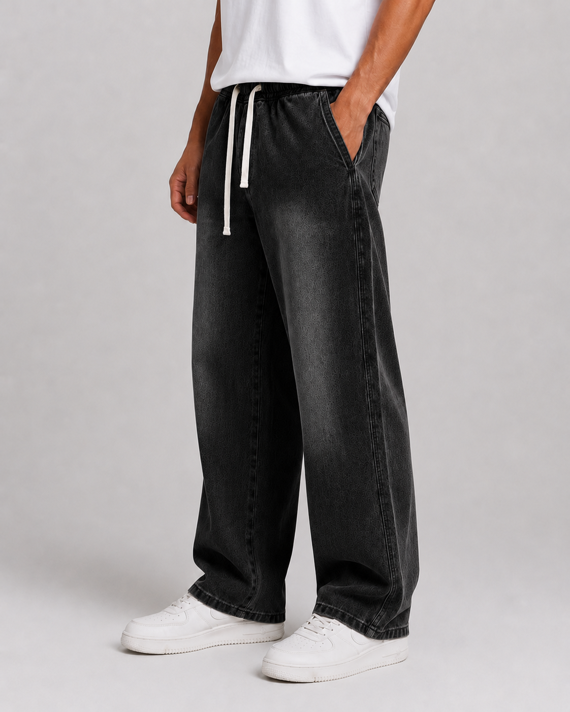 Driftway - Loose Straight Leg Drawstring Jeans  Everyday Casual Wear