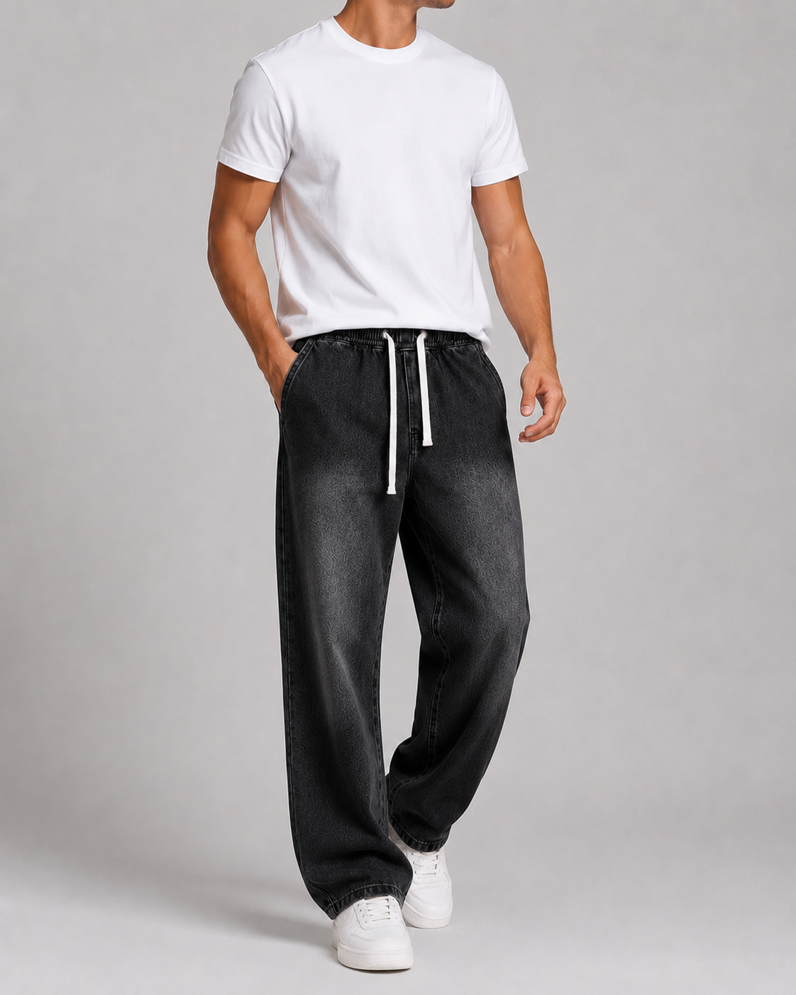 Driftway - Loose Straight Leg Drawstring Jeans  Everyday Casual Wear