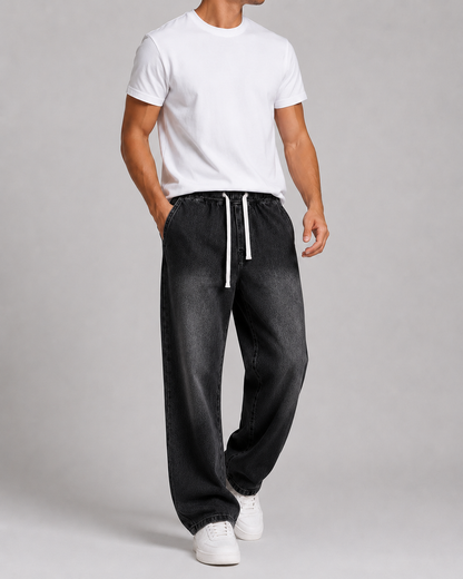 Driftway - Loose Straight Leg Drawstring Jeans  Everyday Casual Wear