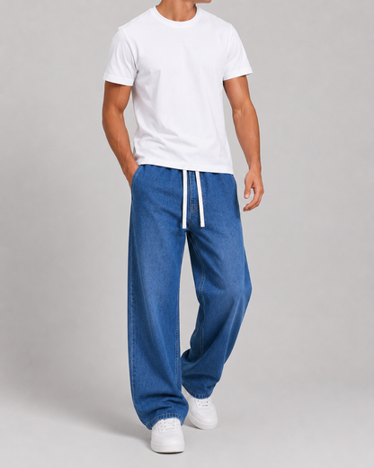 Driftway - Loose Straight Leg Drawstring Jeans  Everyday Casual Wear