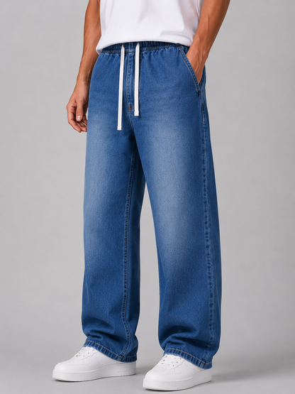Driftway - Loose Straight Leg Drawstring Jeans  Everyday Casual Wear