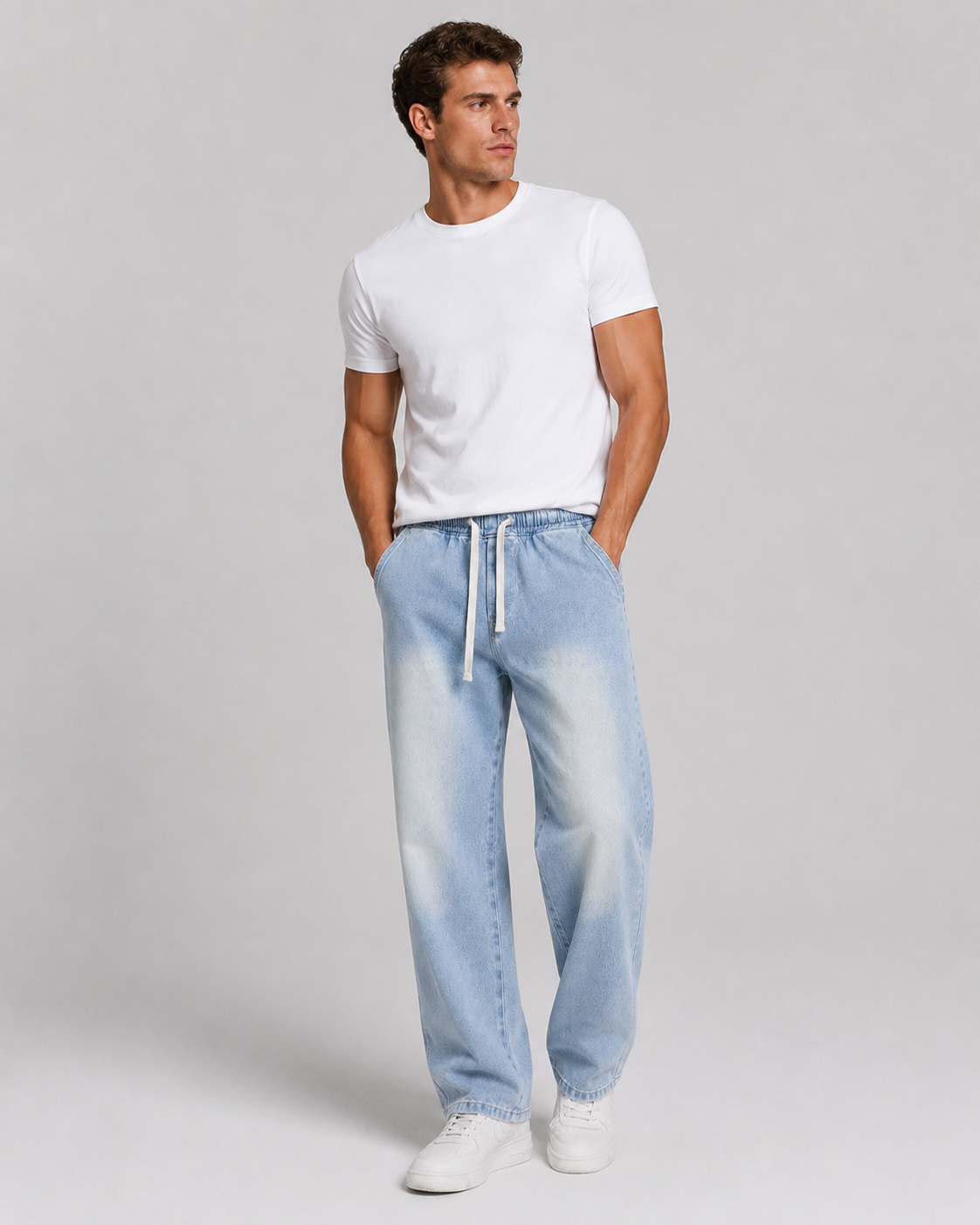 Driftway - Loose Straight Leg Drawstring Jeans  Everyday Casual Wear