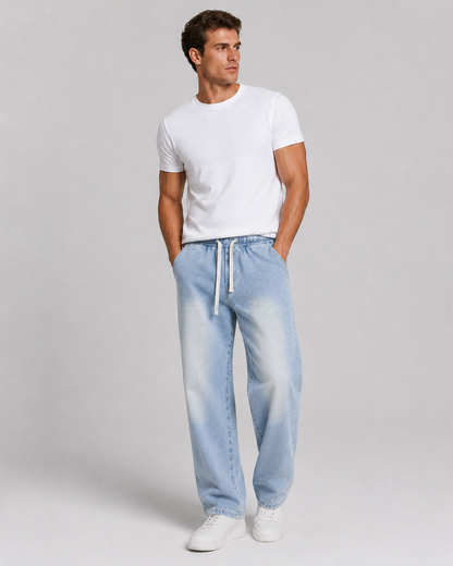 Driftway - Loose Straight Leg Drawstring Jeans  Everyday Casual Wear