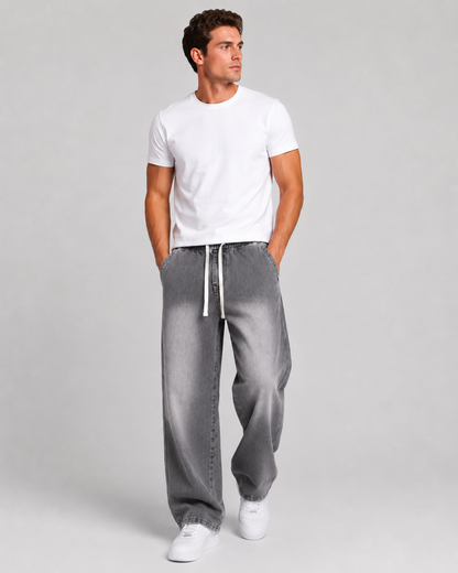 Driftway - Loose Straight Leg Drawstring Jeans  Everyday Casual Wear