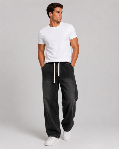 Driftway - Loose Straight Leg Drawstring Jeans  Everyday Casual Wear