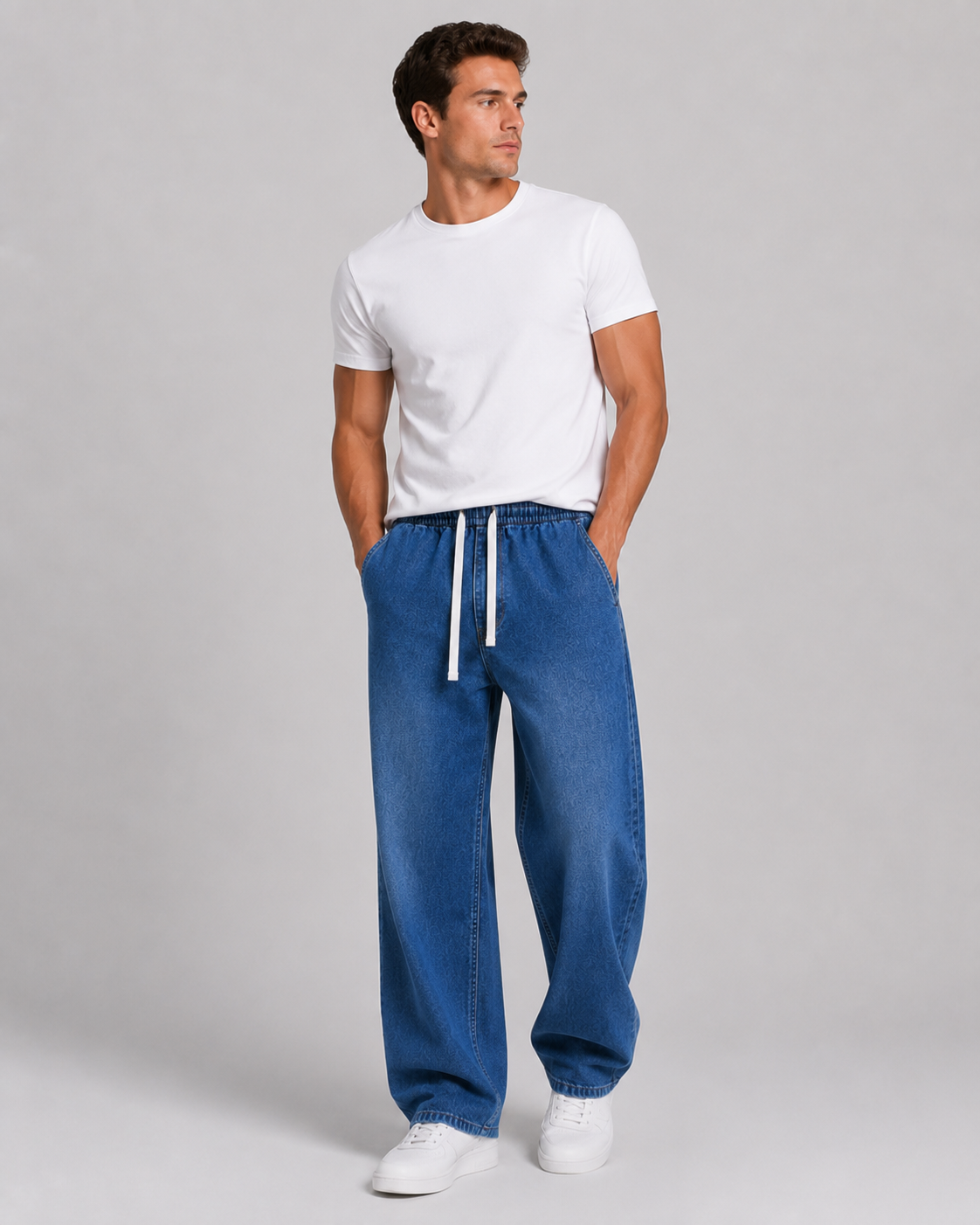 Driftway - Loose Straight Leg Drawstring Jeans  Everyday Casual Wear