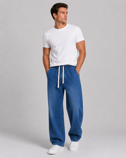 Driftway - Loose Straight Leg Drawstring Jeans  Everyday Casual Wear