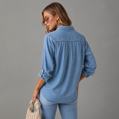 Women's Denim Blend Blouse Shirt | Denim Blouse Shirt | Sleeveless Collared Layering Top | Navy Blue | Steven & Levon