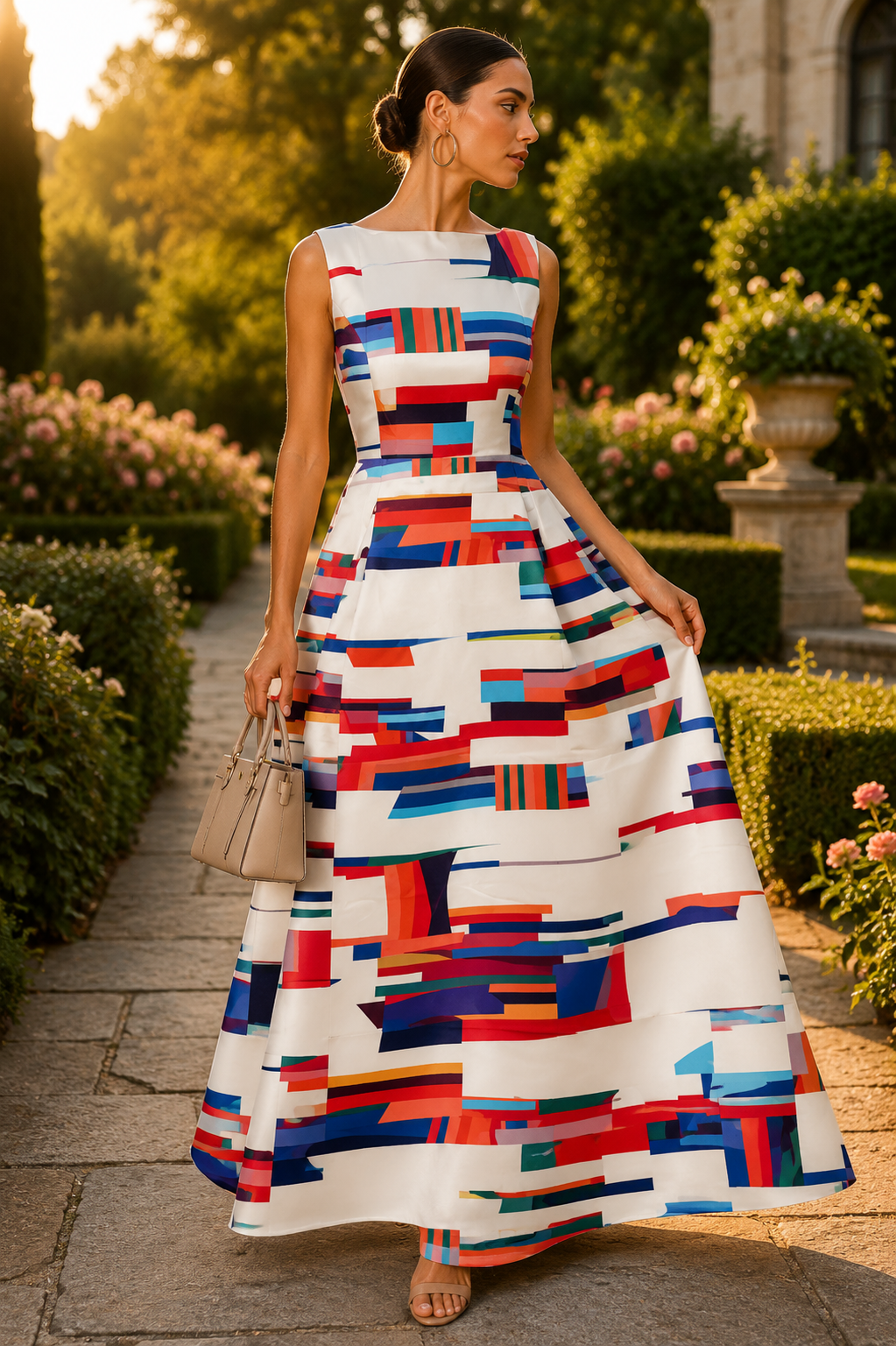 Sleeveless Geometric Maxi Dress | Women | Sleeveless Flowy Summer Evening Dress | Steven & Levon