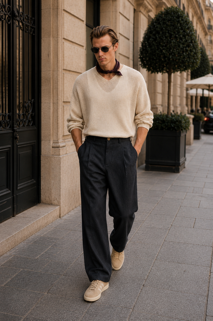 Men's Wide Leg Linen Trousers | Pleated Front | Relaxed Fit Smart Casual Pants | Steven & Levon