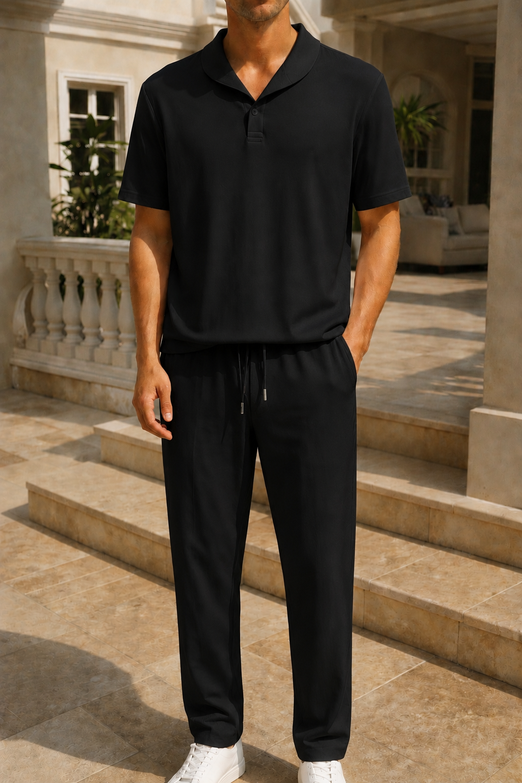 Men's  Lounge Set | Polyester | Short Sleeve Top & Drawstring Trousers | Steven & Levon