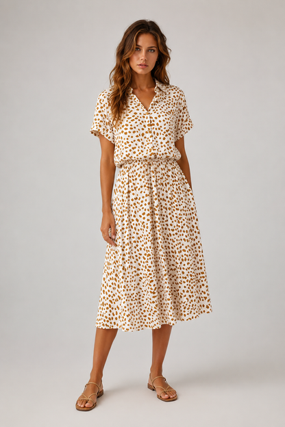 Boho Midi Dress | Women | Soft Breathable Fabric | Turn Down Collar & Short Sleeves | Steven & Levon