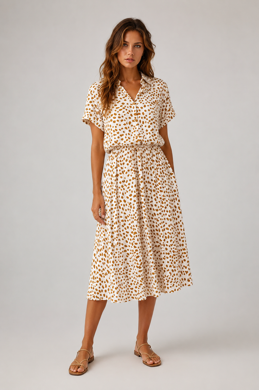 Boho Midi Dress | Women | Soft Breathable Fabric | Turn Down Collar & Short Sleeves | Steven & Levon
