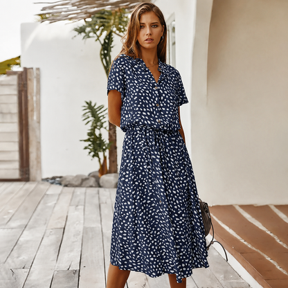 Boho Midi Dress | Women | Soft Breathable Fabric | Turn Down Collar & Short Sleeves | Steven & Levon