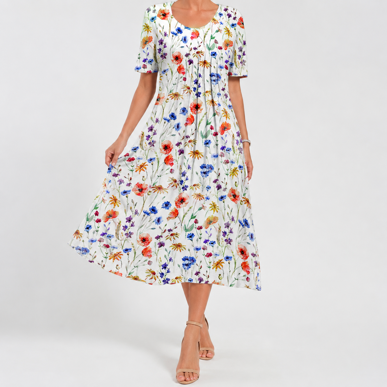Summer Floral Midi Dress | Women | Lightweight Fabric | V-Neck Button Front Short Sleeve with Pockets | Steven & Levon