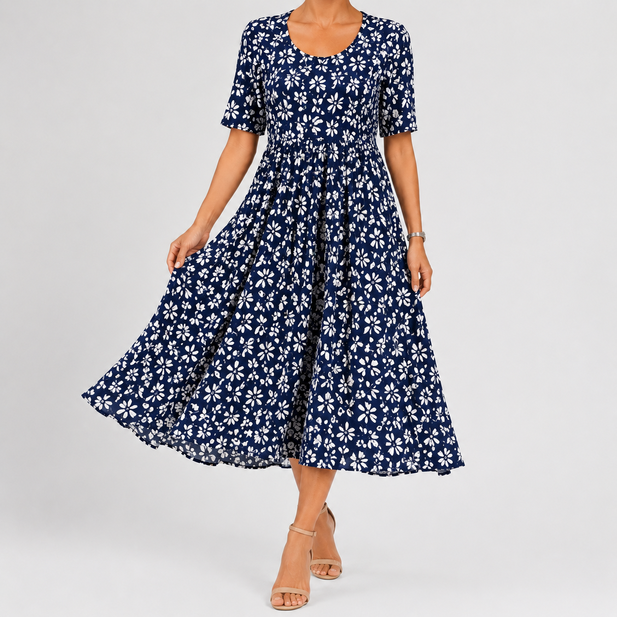 Summer Floral Midi Dress | Women | Lightweight Fabric | V-Neck Button Front Short Sleeve with Pockets | Steven & Levon