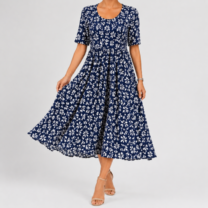 Summer Floral Midi Dress | Women | Lightweight Fabric | V-Neck Button Front Short Sleeve with Pockets | Steven & Levon