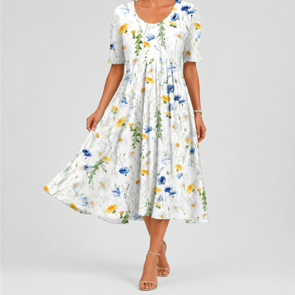 Summer Floral Midi Dress | Women | Lightweight Fabric | V-Neck Button Front Short Sleeve with Pockets | Steven & Levon