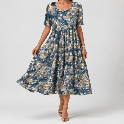Summer Floral Midi Dress | Women | Lightweight Fabric | V-Neck Button Front Short Sleeve with Pockets | Steven & Levon