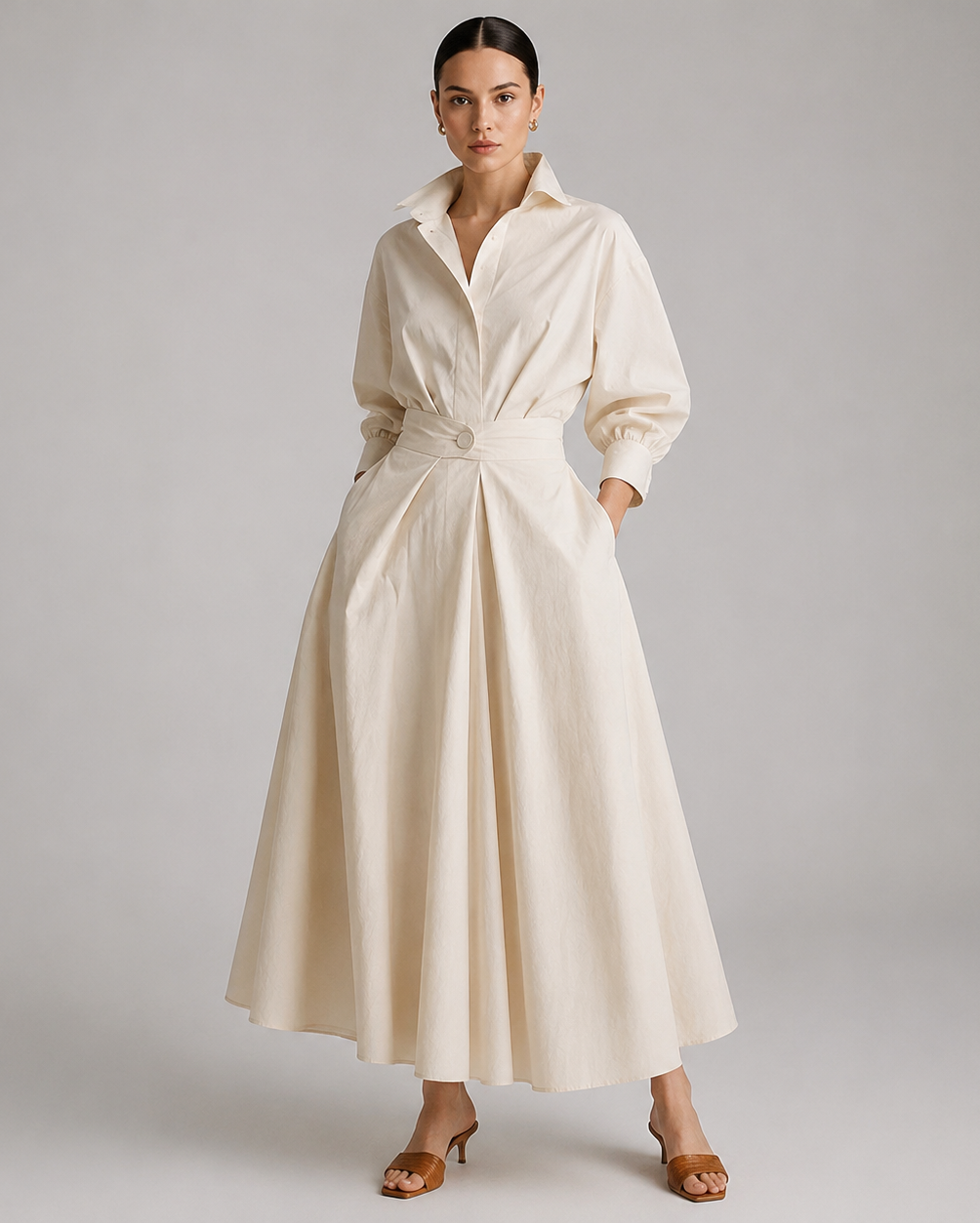 Women's Collared Belted Shirt Dress | Elegant Midi Dress | Steven & Levon