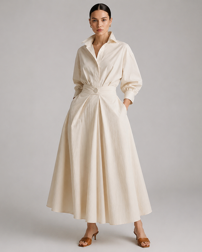 Women's Collared Belted Shirt Dress | Elegant Midi Dress | Steven & Levon