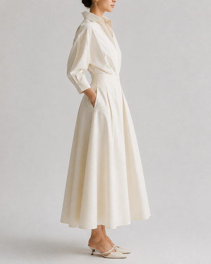 Women's Collared Belted Shirt Dress | Elegant Midi Dress | Steven & Levon