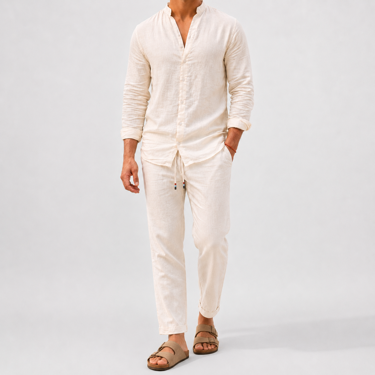 Men's Linen Two Piece Set | Collarless Shirt & Straight Leg Trousers | Smart Casual Co-Ord | Steven & Levon