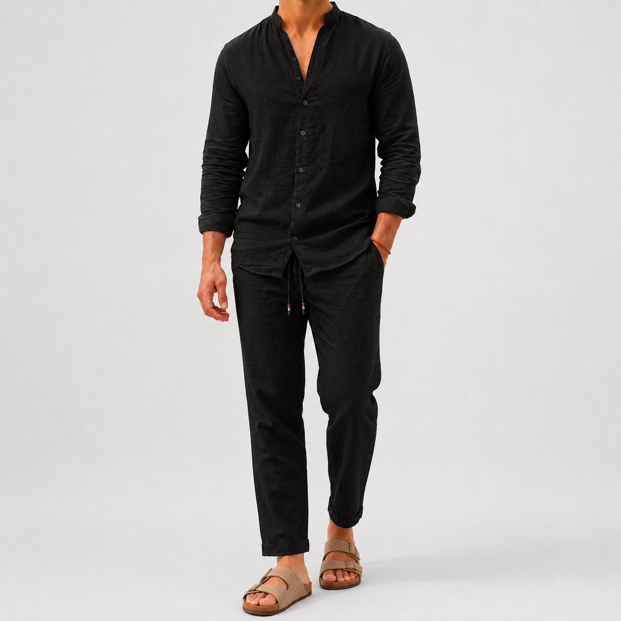 Men's Linen Two Piece Set | Collarless Shirt & Straight Leg Trousers | Smart Casual Co-Ord | Steven & Levon