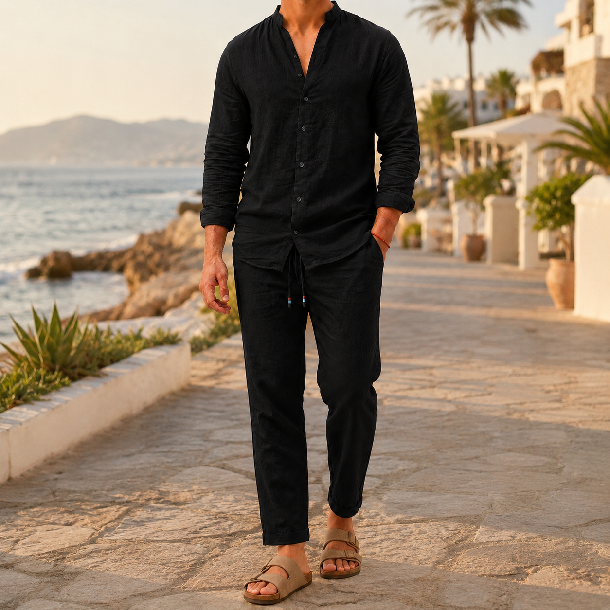 Men's Linen Two Piece Set | Collarless Shirt & Straight Leg Trousers | Smart Casual Co-Ord | Steven & Levon