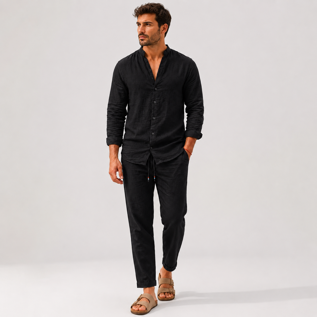 Men's Linen Two Piece Set | Collarless Shirt & Straight Leg Trousers | Smart Casual Co-Ord | Steven & Levon