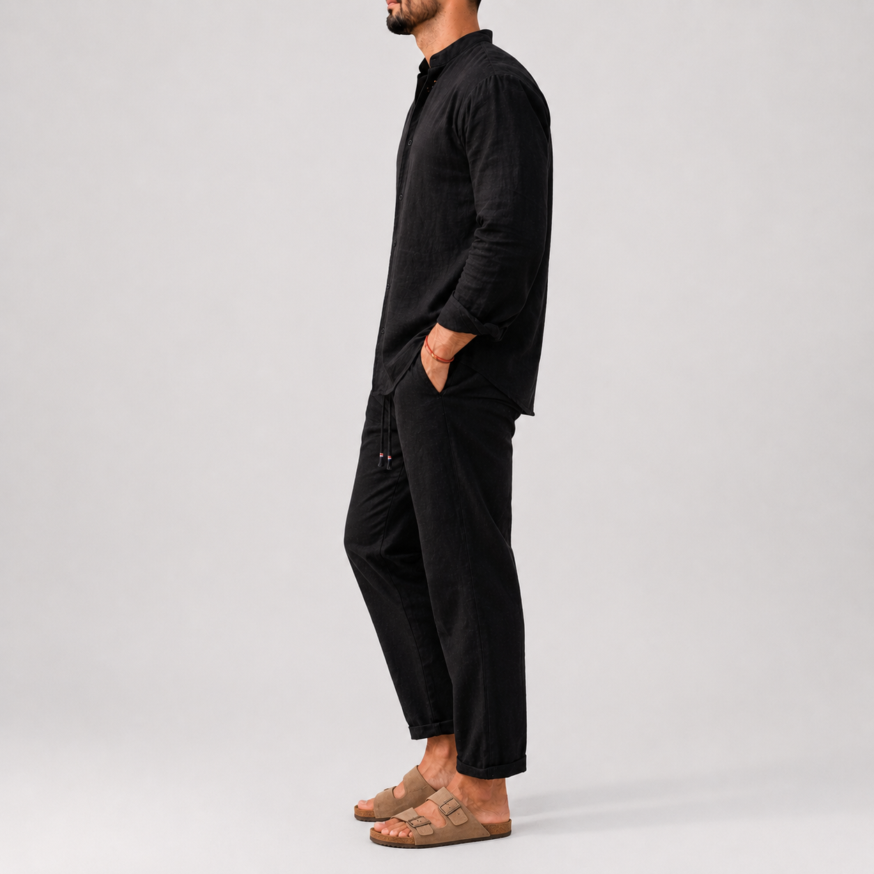 Men's Linen Two Piece Set | Collarless Shirt & Straight Leg Trousers | Smart Casual Co-Ord | Steven & Levon