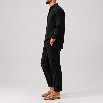 Men's Linen Two Piece Set | Collarless Shirt & Straight Leg Trousers | Smart Casual Co-Ord | Steven & Levon