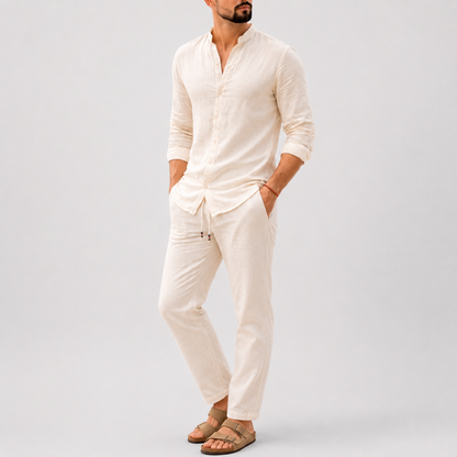 Men's Linen Two Piece Set | Collarless Shirt & Straight Leg Trousers | Smart Casual Co-Ord | Steven & Levon