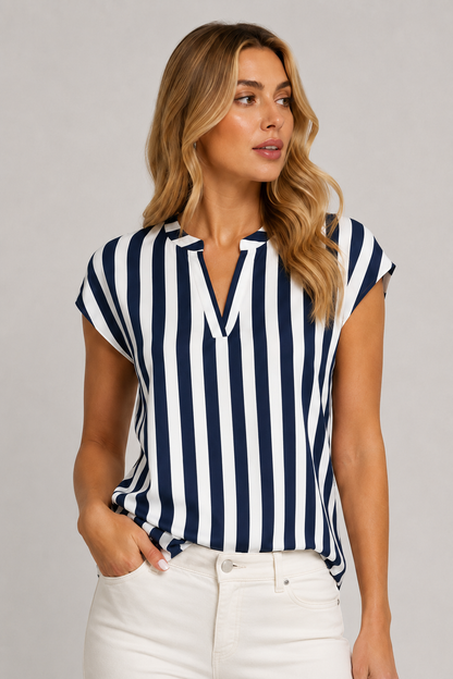 Women's Striped Sleeveless Blouse | Summer Top | 100% Polyester | V-Neck Collared Vertical Stripe Regular Fit | Steven & Levon
