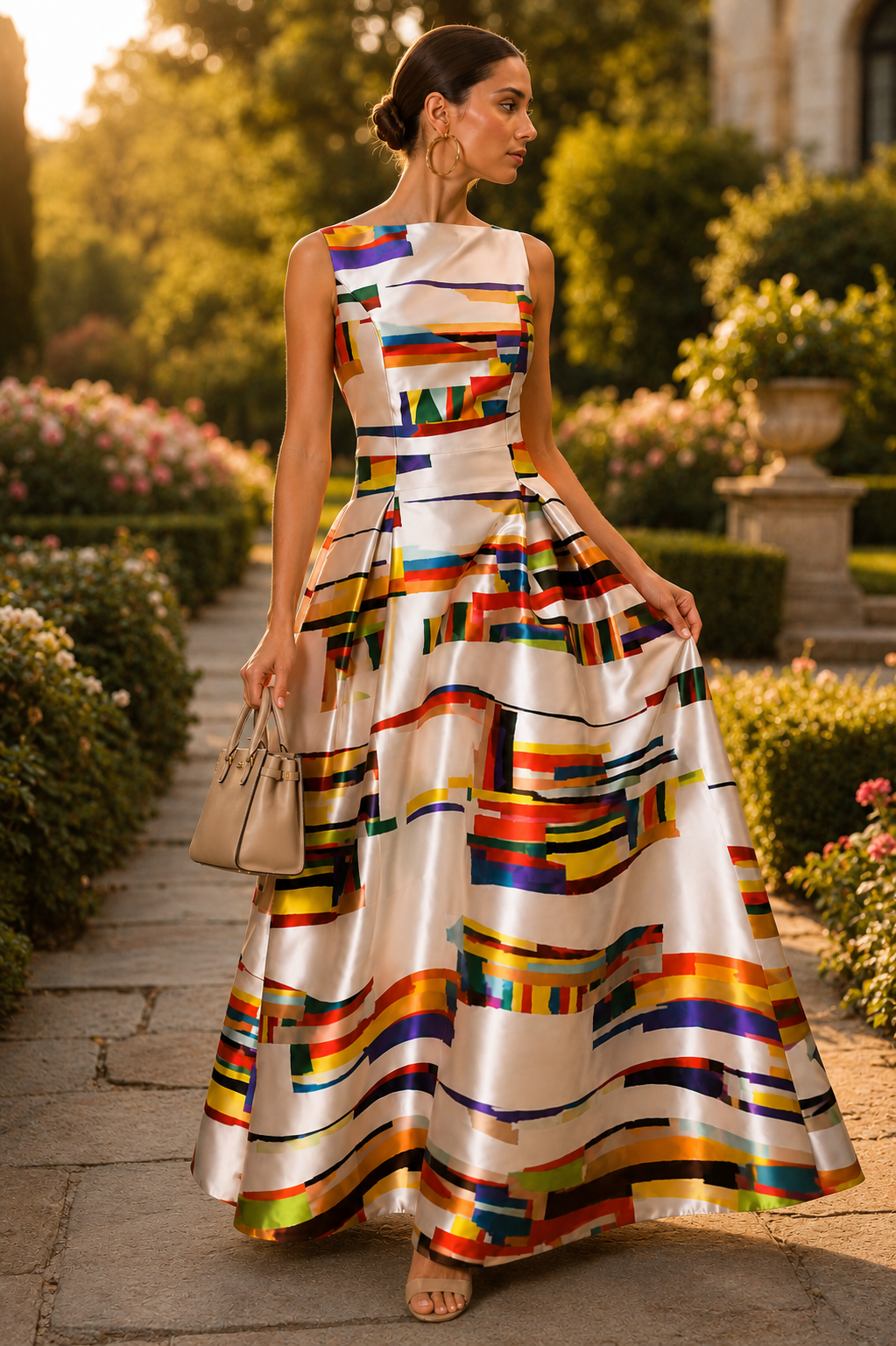 Sleeveless Geometric Maxi Dress | Women | Sleeveless Flowy Summer Evening Dress | Steven & Levon