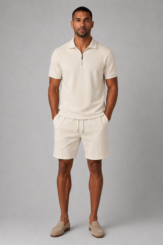 Men’s Co-Ord Set | Polo Shirt & Shorts | Men | Breathable Cotton | Zip Neck & Drawstring Shorts | Steven & Levon