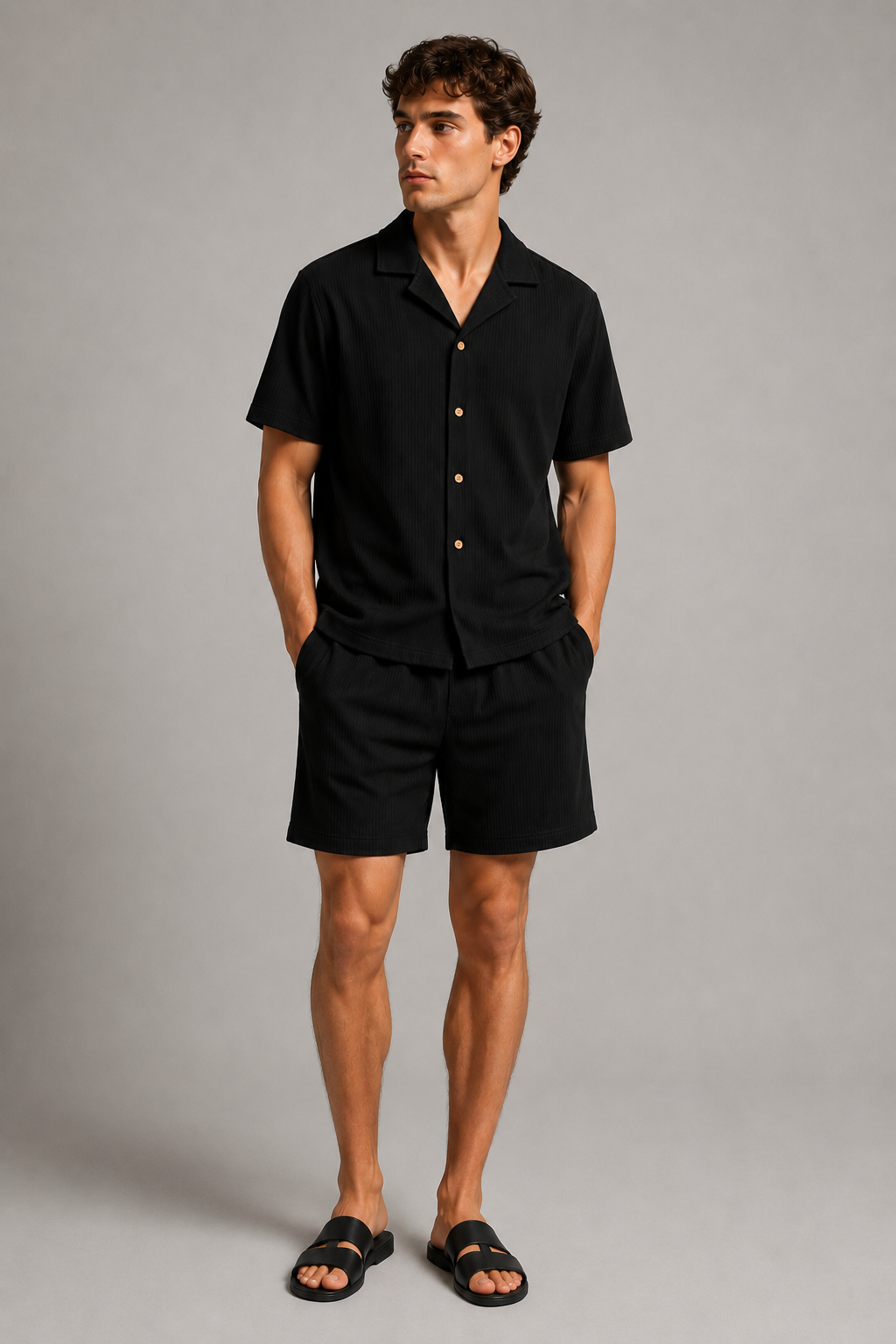 Pleated Shirt and Shorts Co-Ord Set | Men | Polyester | Relaxed Fit Summer Two Piece | Steven & Levon