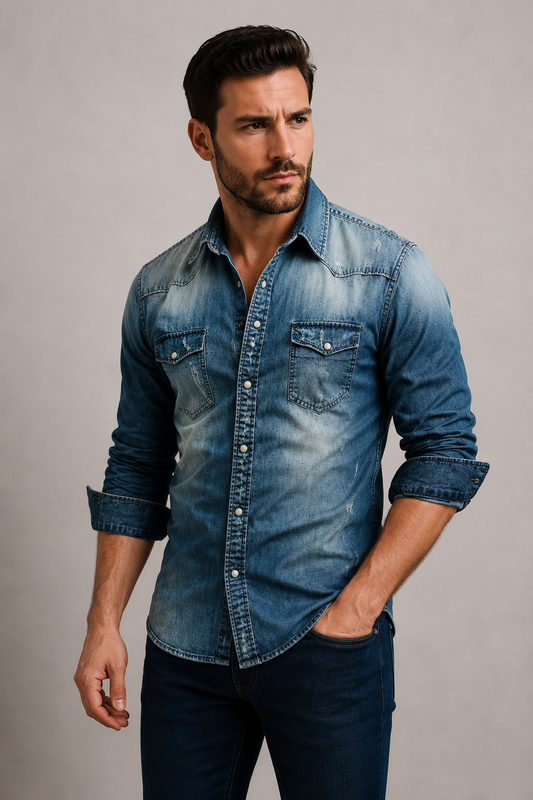 Men’s Casual Denim Shirt | Polyester Denim | Button-Up Long Sleeve Everyday Overshirt | Steven & Levon