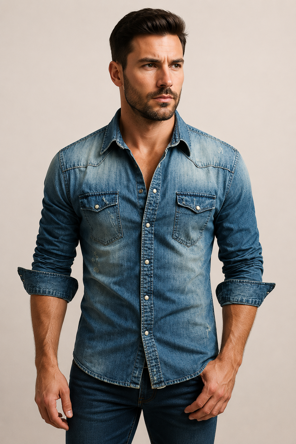 Men’s Casual Denim Shirt | Polyester Denim | Button-Up Long Sleeve Everyday Overshirt | Steven & Levon