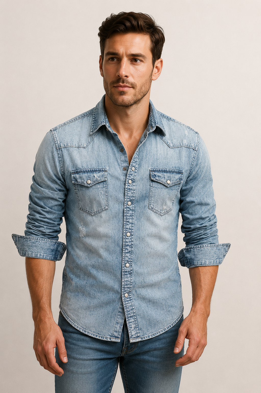 Men’s Casual Denim Shirt | Polyester Denim | Button-Up Long Sleeve Everyday Overshirt | Steven & Levon