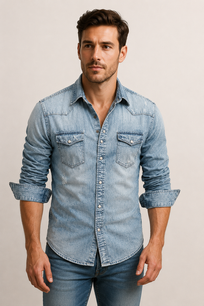 Men’s Casual Denim Shirt | Polyester Denim | Button-Up Long Sleeve Everyday Overshirt | Steven & Levon