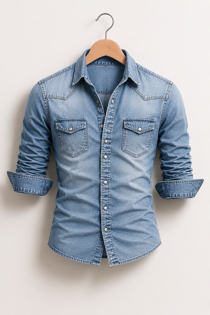 Men’s Casual Denim Shirt | Polyester Denim | Button-Up Long Sleeve Everyday Overshirt | Steven & Levon