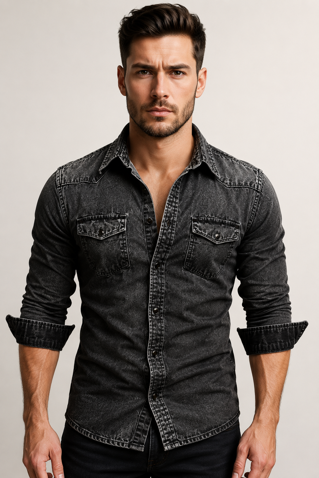 Men’s Casual Denim Shirt | Polyester Denim | Button-Up Long Sleeve Everyday Overshirt | Steven & Levon